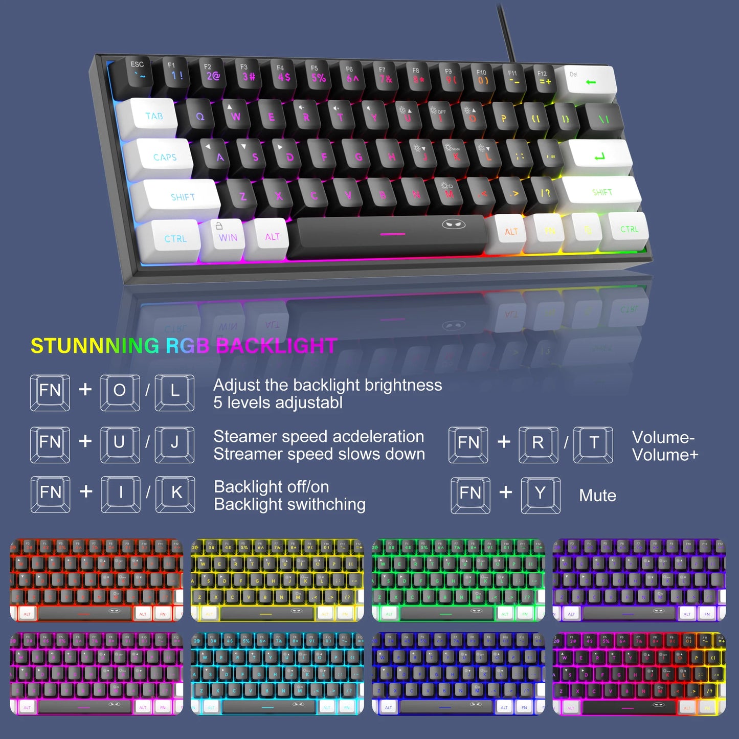 60% Compact Wired Keyboard 61 Keys RGB Backlight